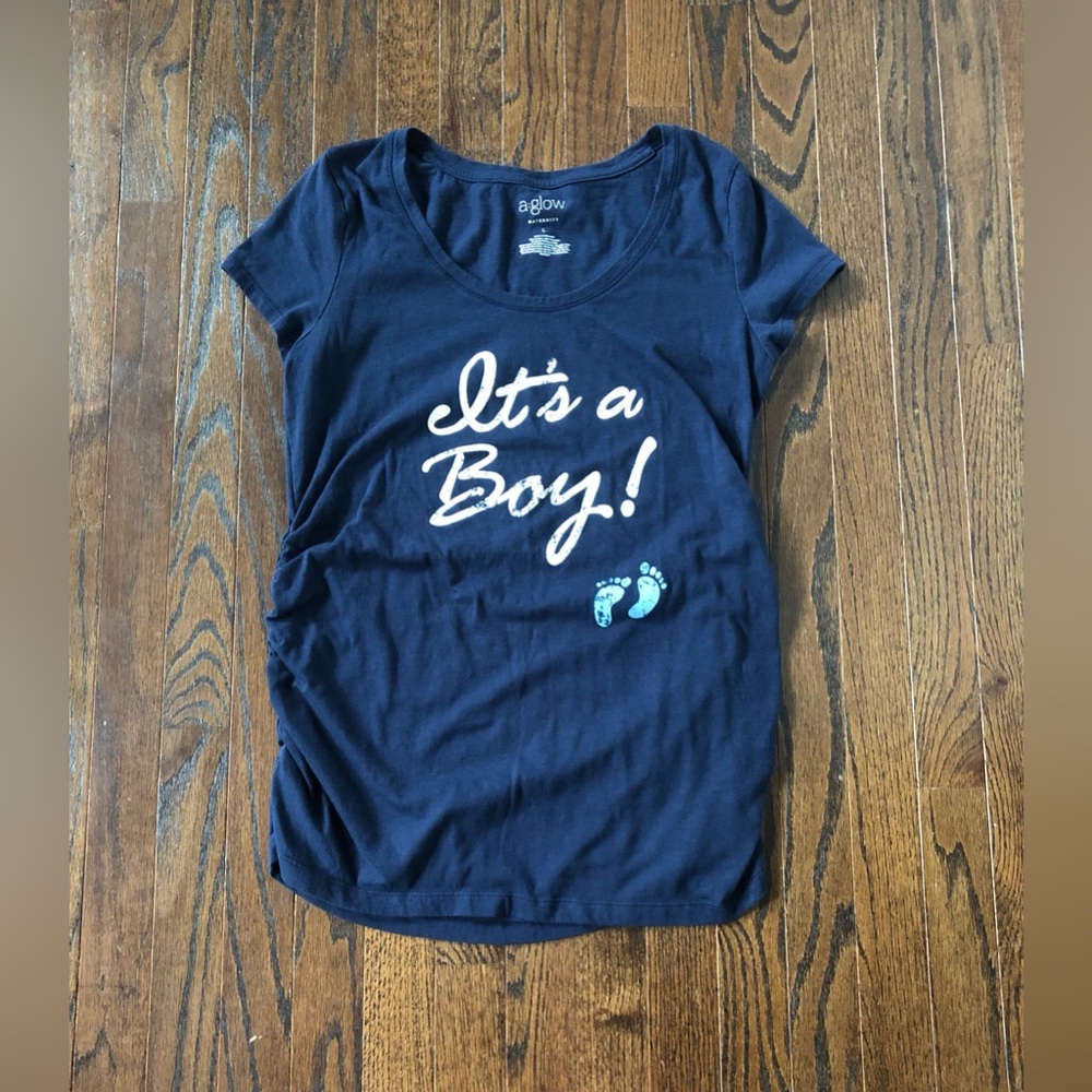 a glow Women’s Maternity L Navy Blue Short-Sleeved Ruched “It’s A Boy” Shirt EUC